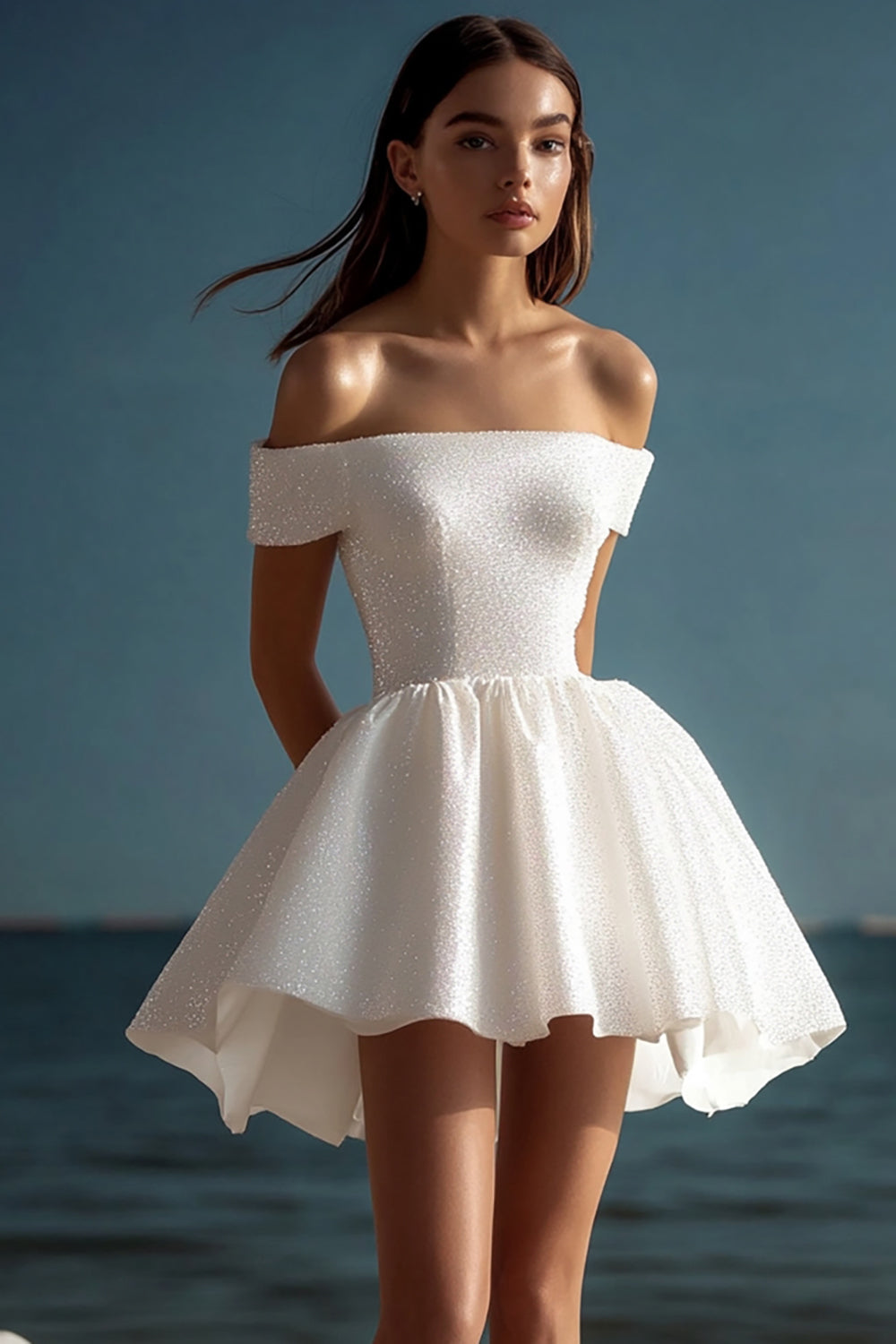 Glitter White Mini A Line Graduation Dress