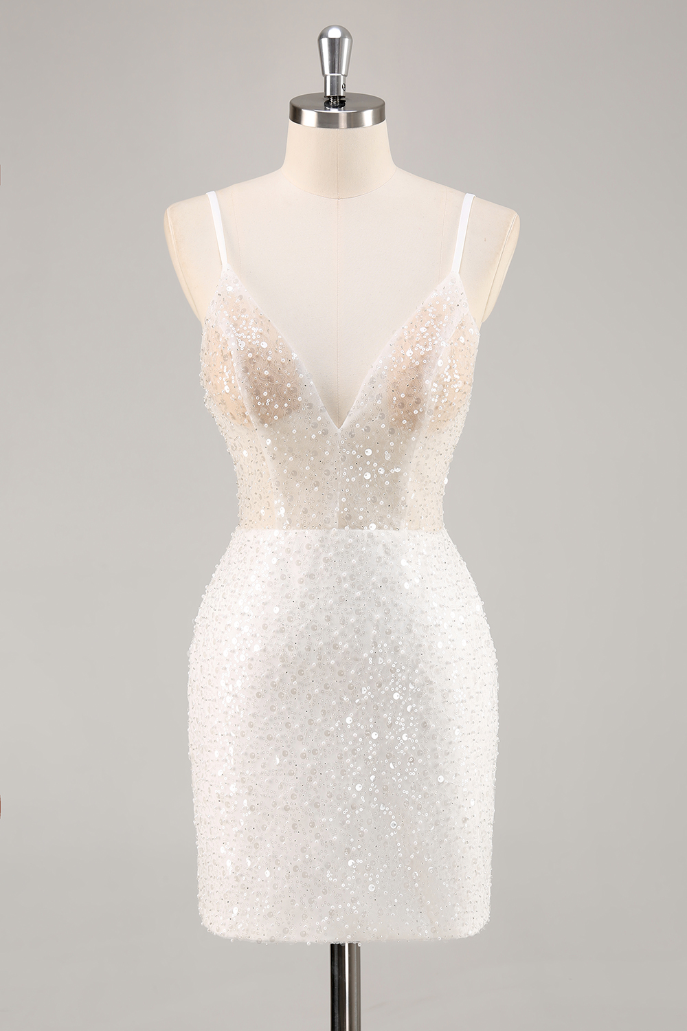 Sparkly White Sequined Mini V-Neck Bodycon Graduation Dress