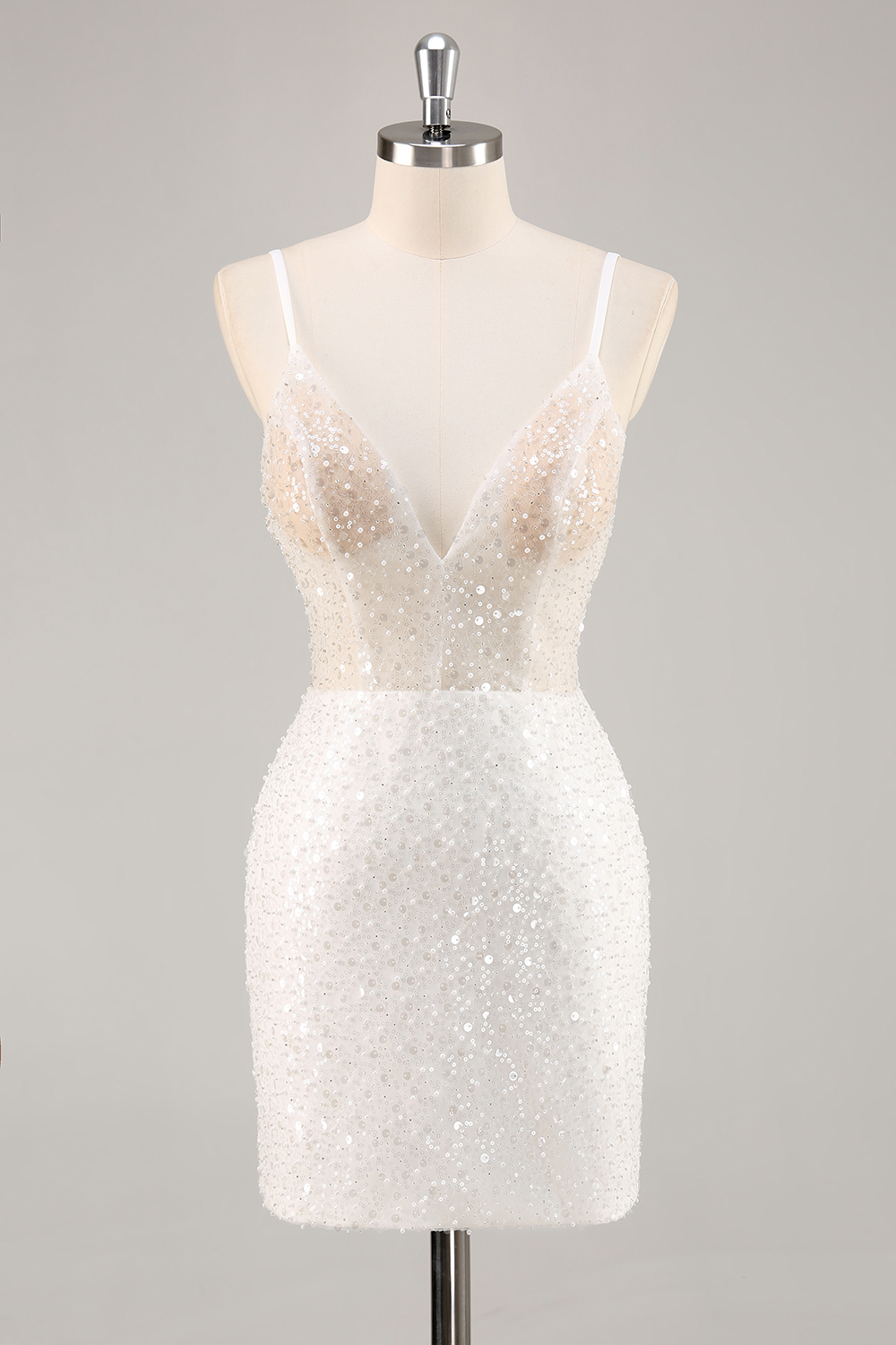 Sparkly White Sequined Mini V-Neck Bodycon Graduation Dress