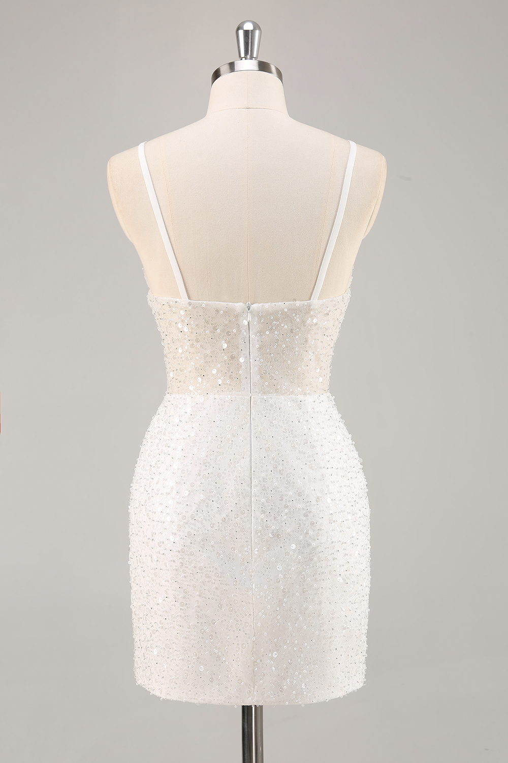 Sparkly White Sequined Mini V-Neck Bodycon Graduation Dress