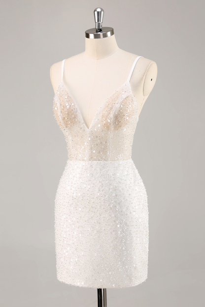 Sparkly White Sequined Mini V-Neck Bodycon Graduation Dress