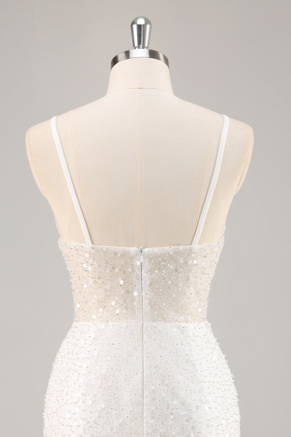 Sparkly White Sequined Mini V-Neck Bodycon Graduation Dress