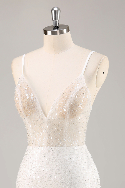 Sparkly Sequined Mini V-Neck Bodycon Little White Dress with Beading