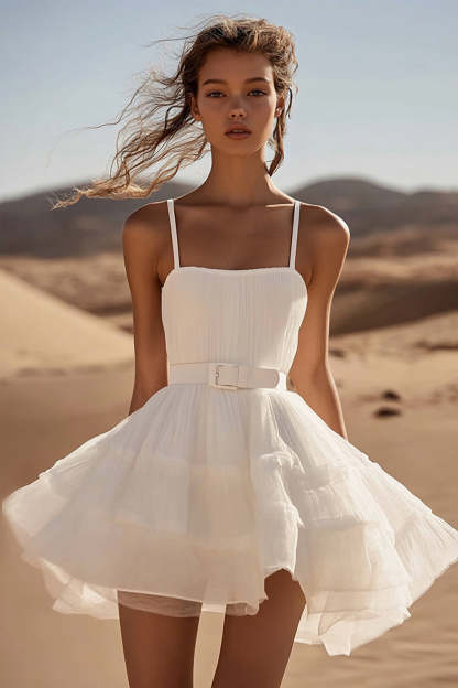Leely Women White Tulle A Line Mini Graduation Dress with Belt Spaghetti Straps Pleated Little White Dress