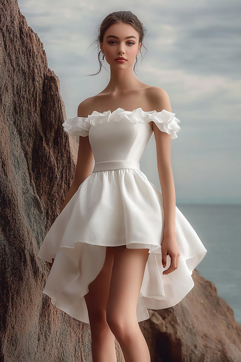 White Short A Line Off the Shoulder Graduation Dress with Ruffles