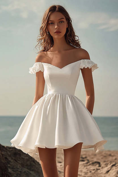 Leely Women White Satin A Line Mini Graduation Dress with Ruffles Off the Shoulder V-Neck Pleated Little White Dress