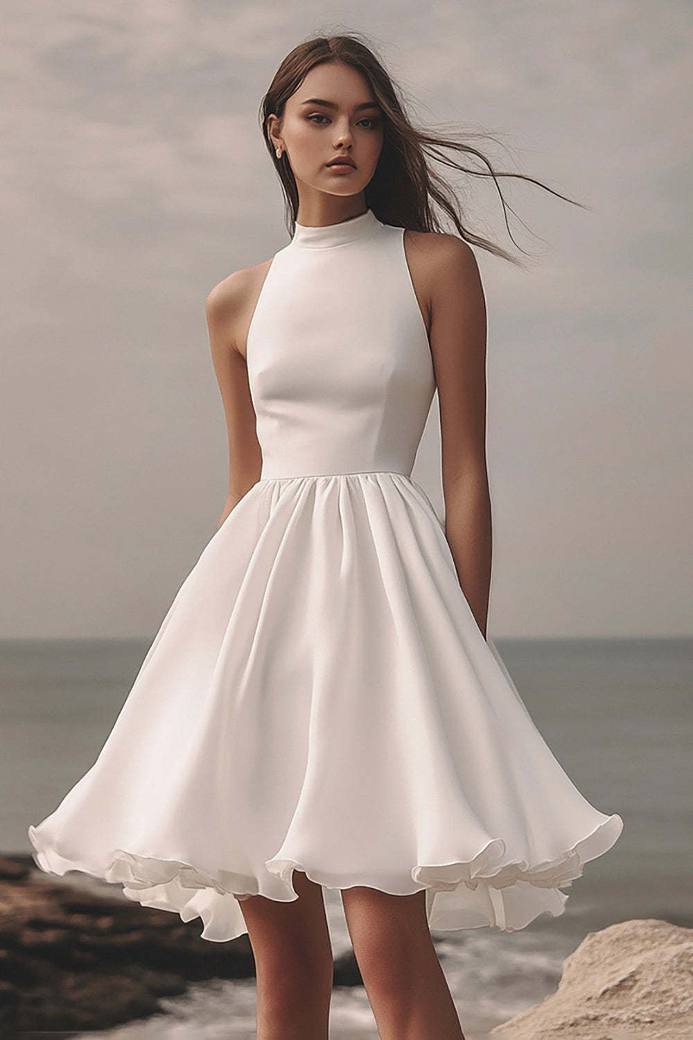 Leely Women White Chiffon A Line Midi Graduation Dress with Ruffles Sleeveless Pleated Little White Dress