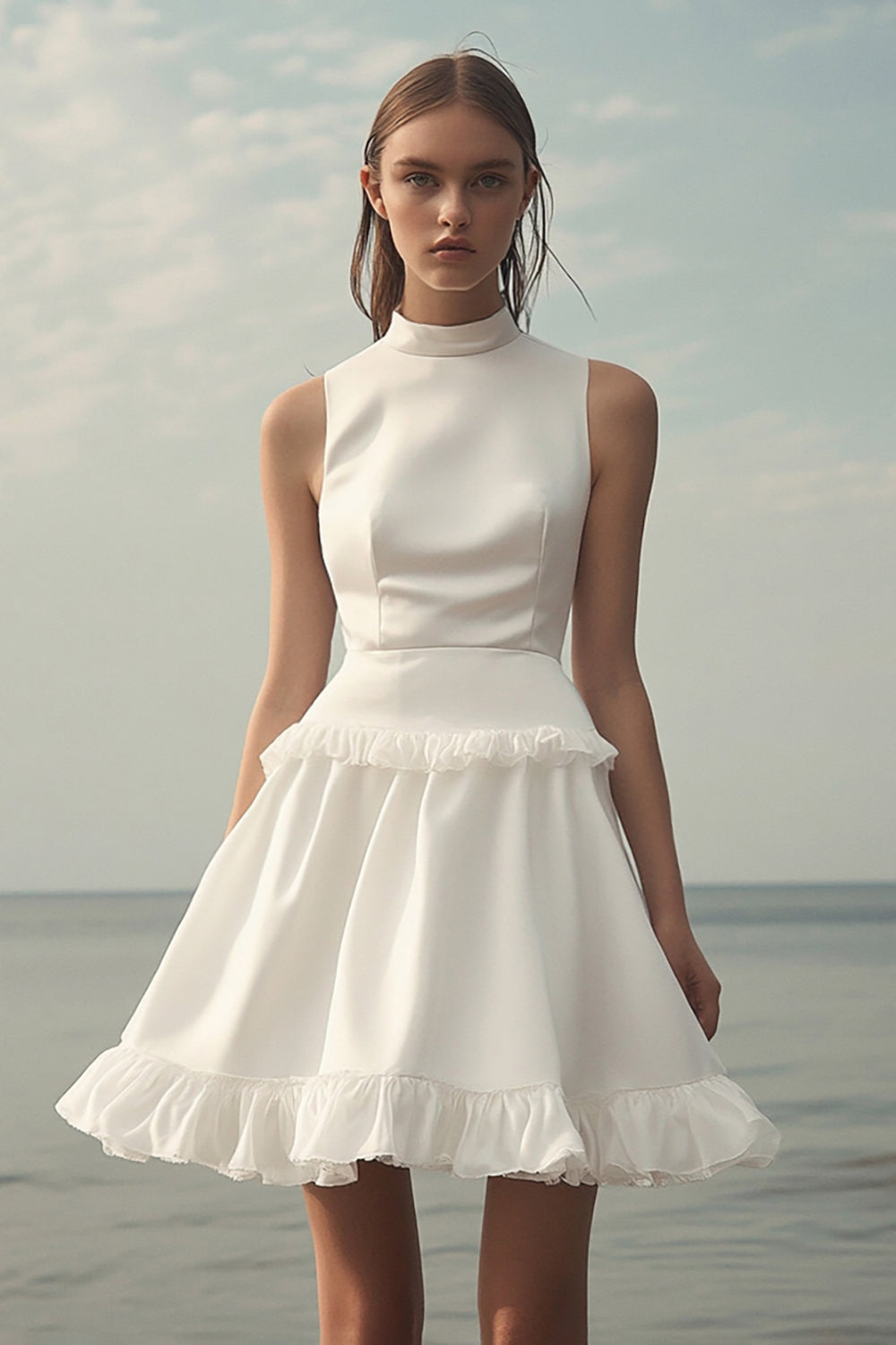 White Satin Short Sleeveless A Line Graduation Dress with Ruffles