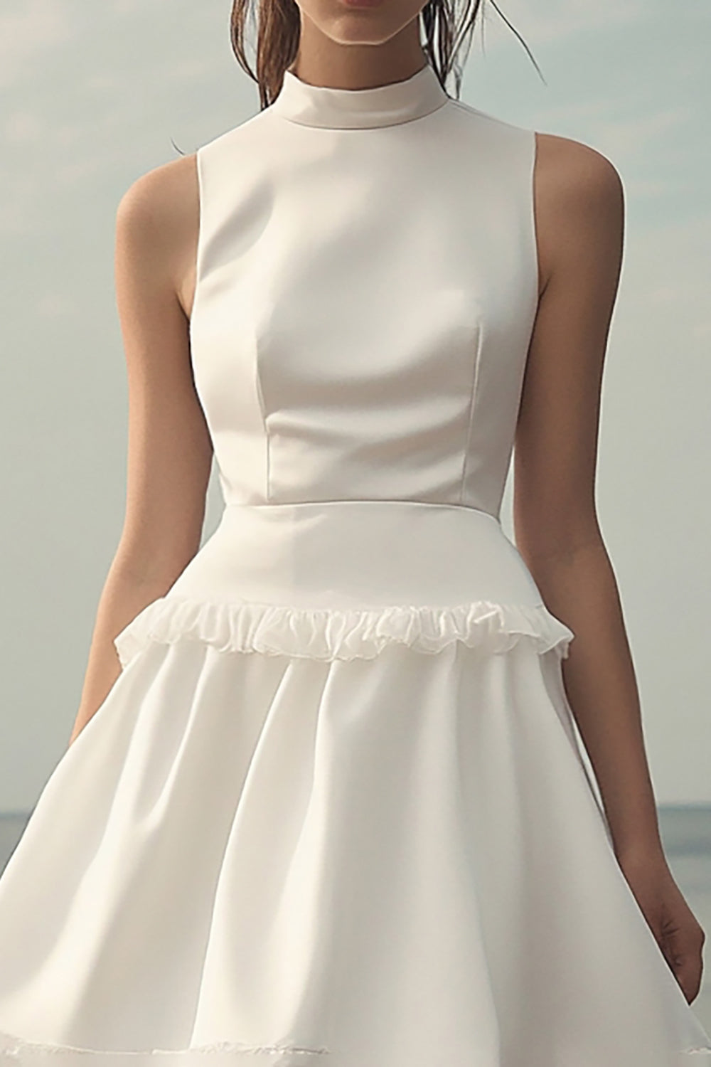 White Satin Short Sleeveless A Line Graduation Dress with Ruffles
