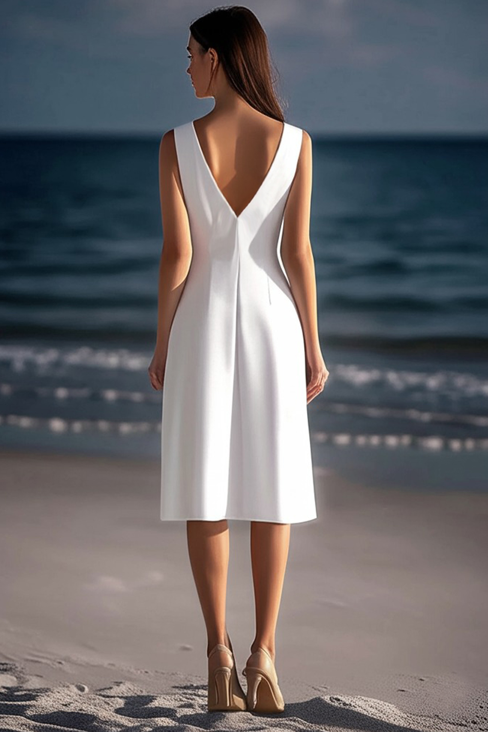 White Satin Sheath V-Neck Knee Length Graduation Dress