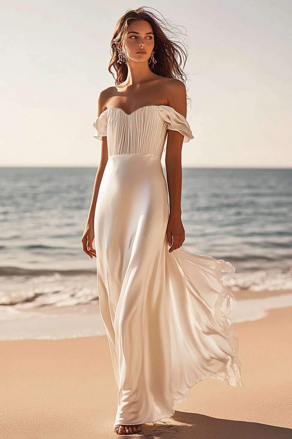 Leely Women Ivory A Line Satin Maxi Formal Dress Off the Shoulder Ruffled Long Evening Dress