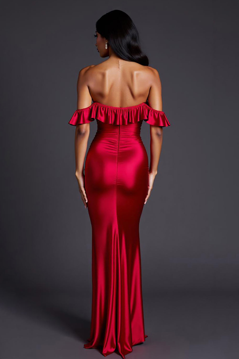 Red Sheath Satin Off the Shoulder Ruffled Maxi Formal Dress with Slit