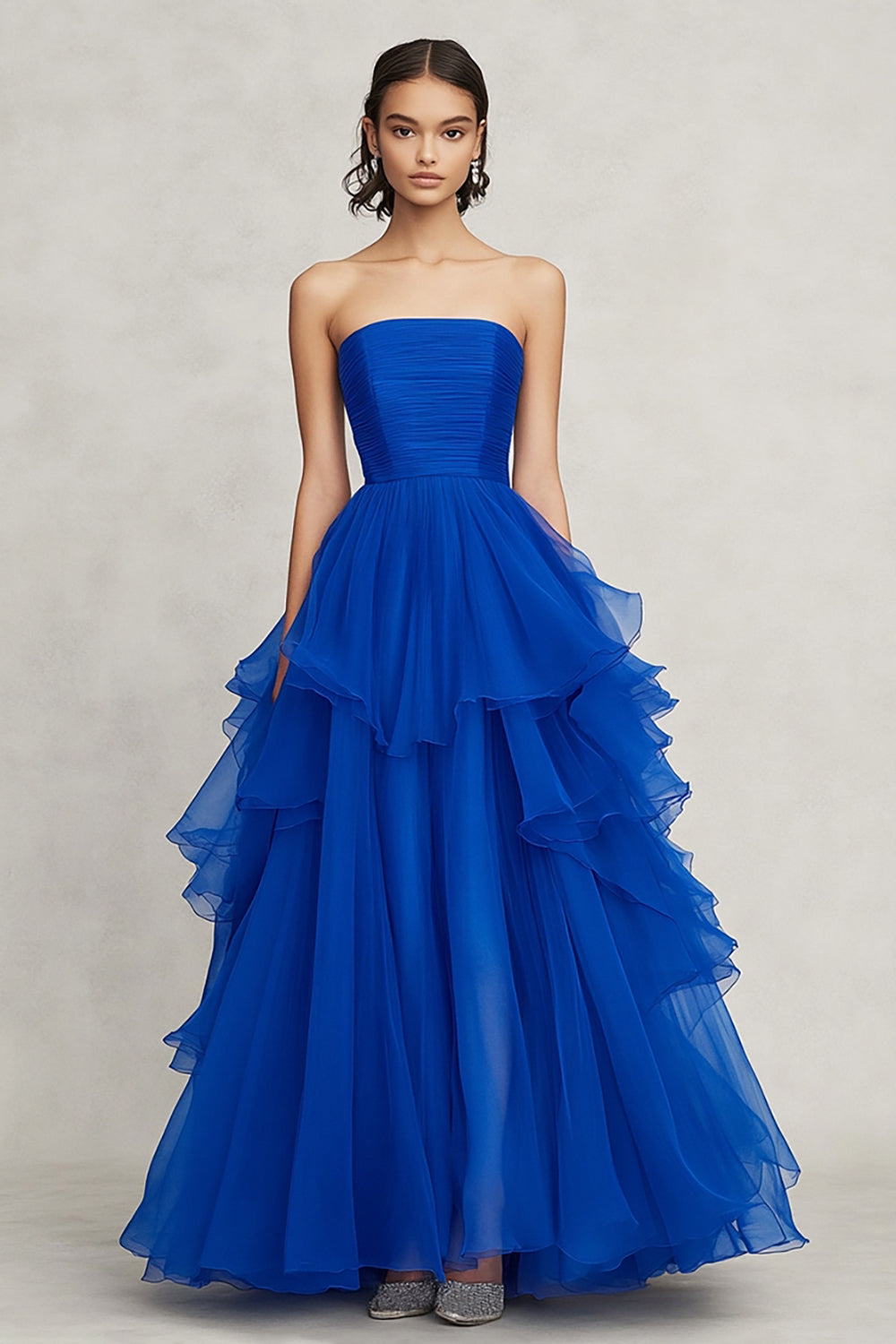 Royal Blue Ruched A Line Strapless Ruffled Long Formal Dress