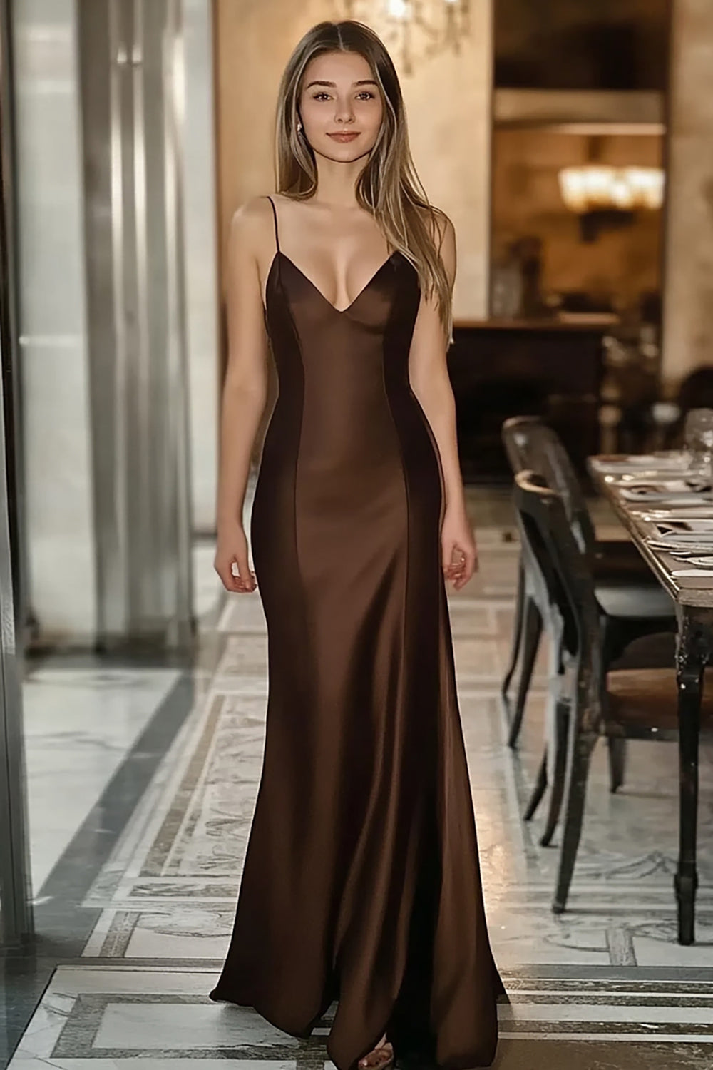 Coffee Sheath V Neck Satin Spaghetti Straps Long Formal Dress