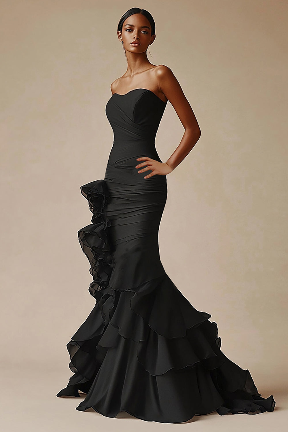 Elegant Sweetheart Mermaid Ruffled Long Black Tie Dress