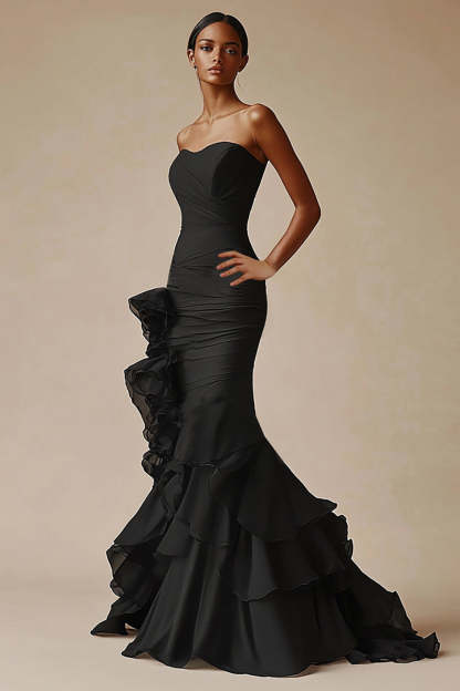 Elegant Sweetheart Mermaid Ruffled Long Black Tie Dress