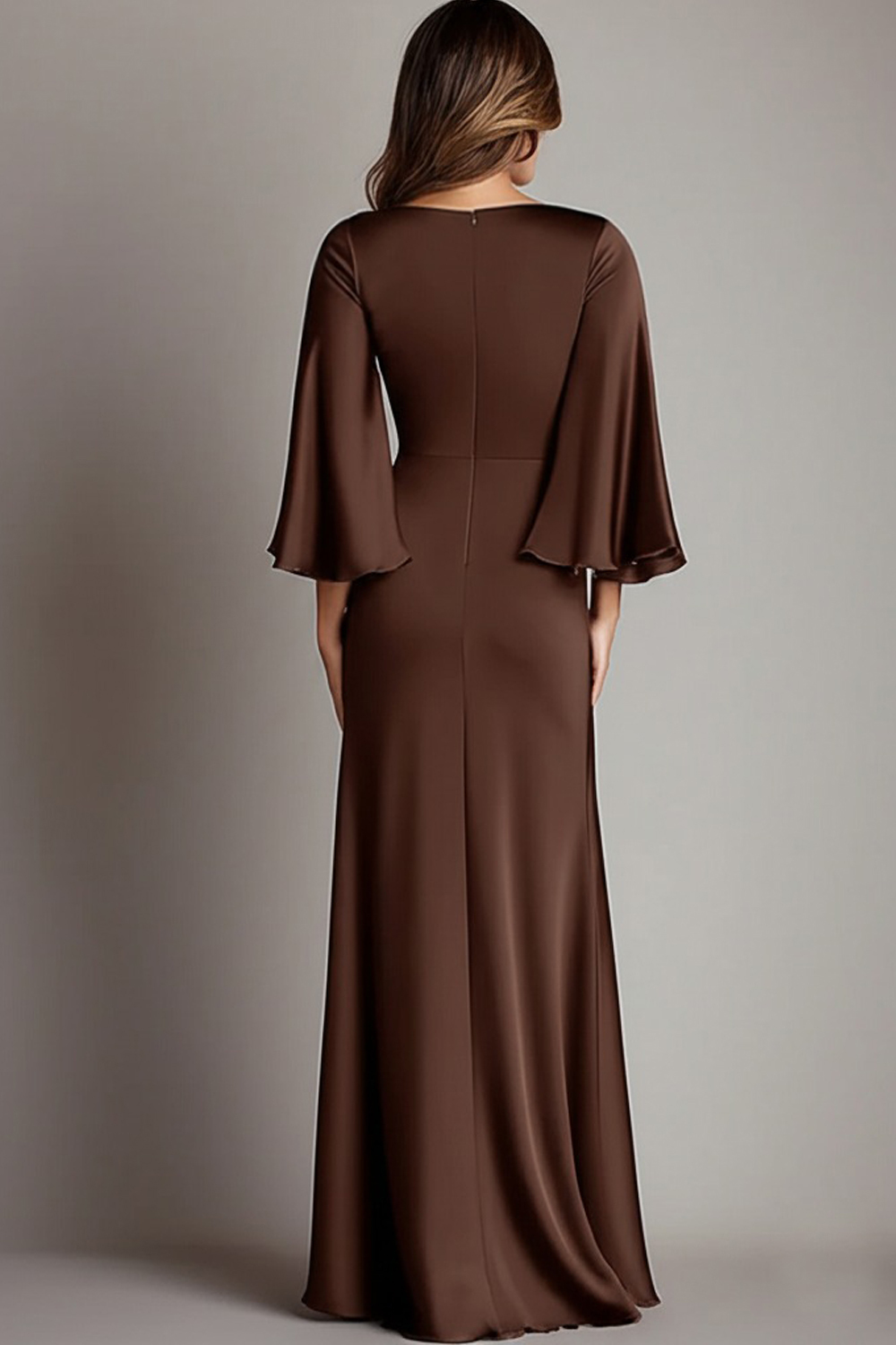 Coffee V Neck Sheath Satin Long Formal Dress with Half Sleeves