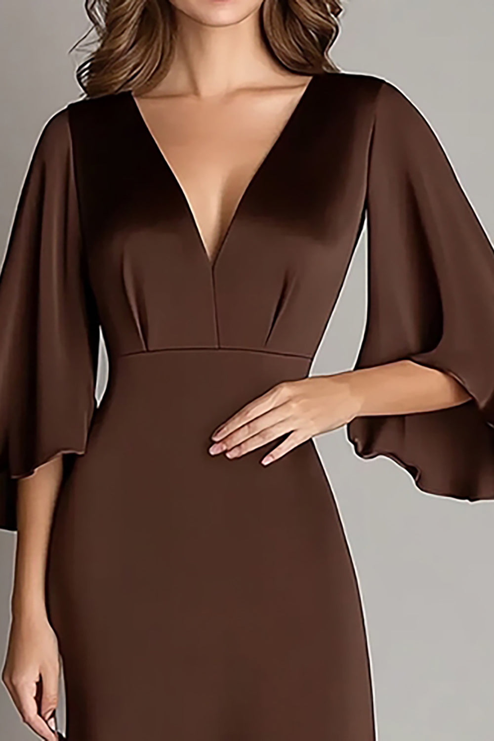 Coffee V Neck Sheath Satin Long Formal Dress with Half Sleeves