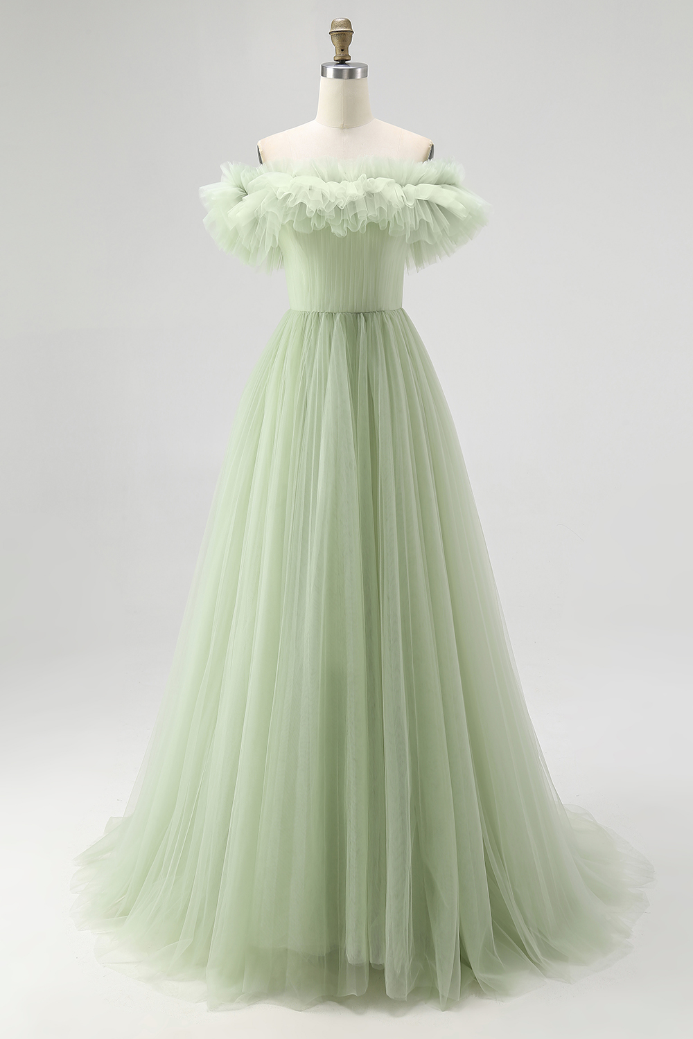 Dusty Sage Pleated Tulle A Line Long Formal Dress with Ruffles