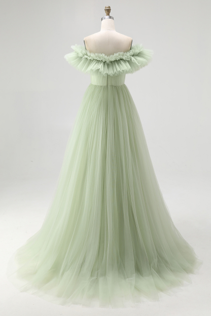 Dusty Sage Pleated Tulle A Line Long Formal Dress with Ruffles