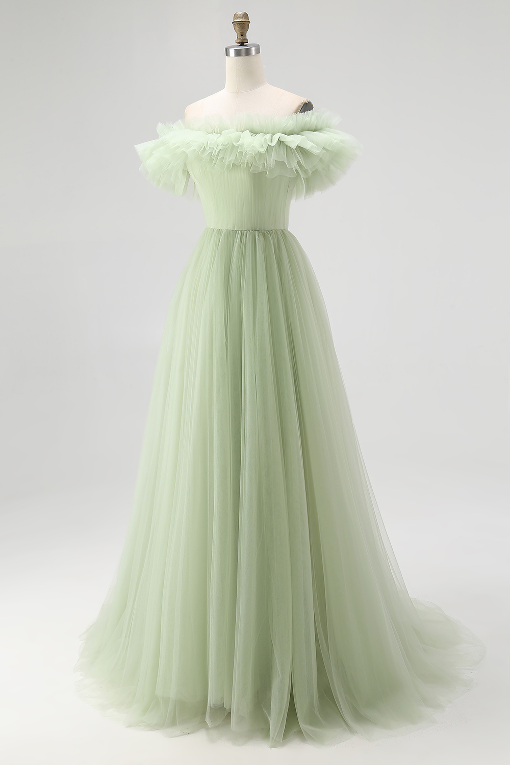 Dusty Sage Tulle Ball Gown Long Formal Dress with Ruffles