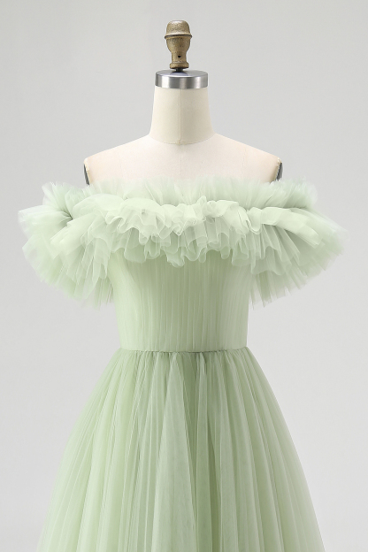 Dusty Sage Pleated Tulle A Line Long Formal Dress with Ruffles