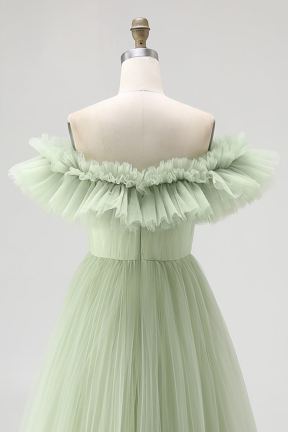 Dusty Sage Pleated Tulle A Line Long Formal Dress with Ruffles
