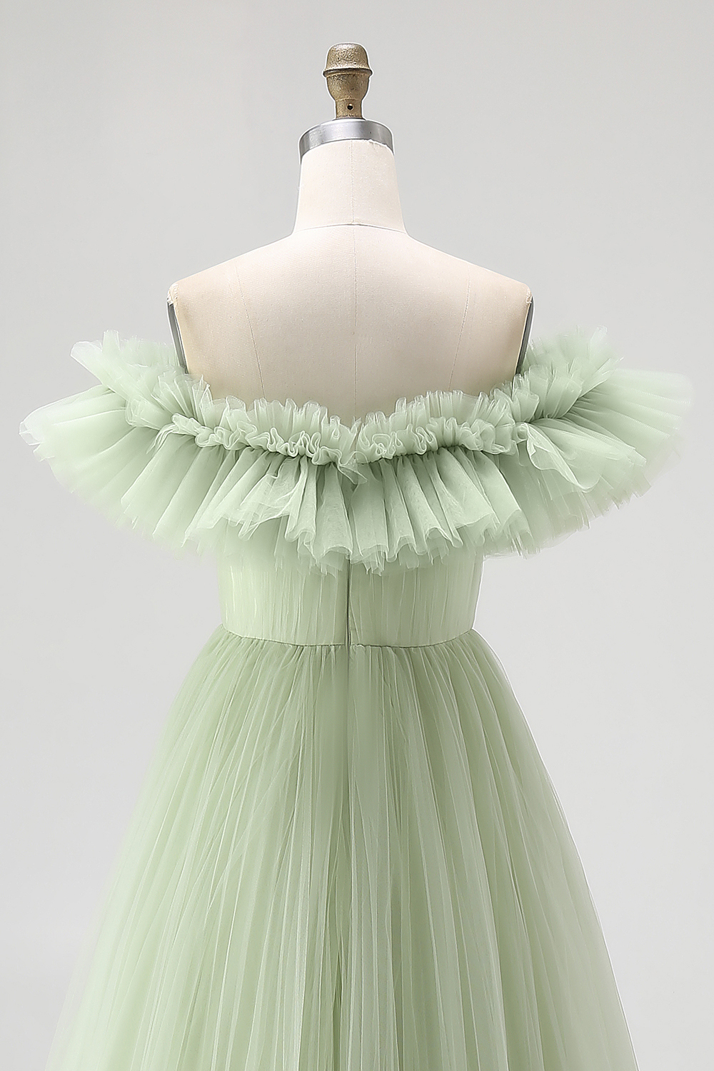 Dusty Sage Pleated Tulle A Line Long Formal Dress with Ruffles