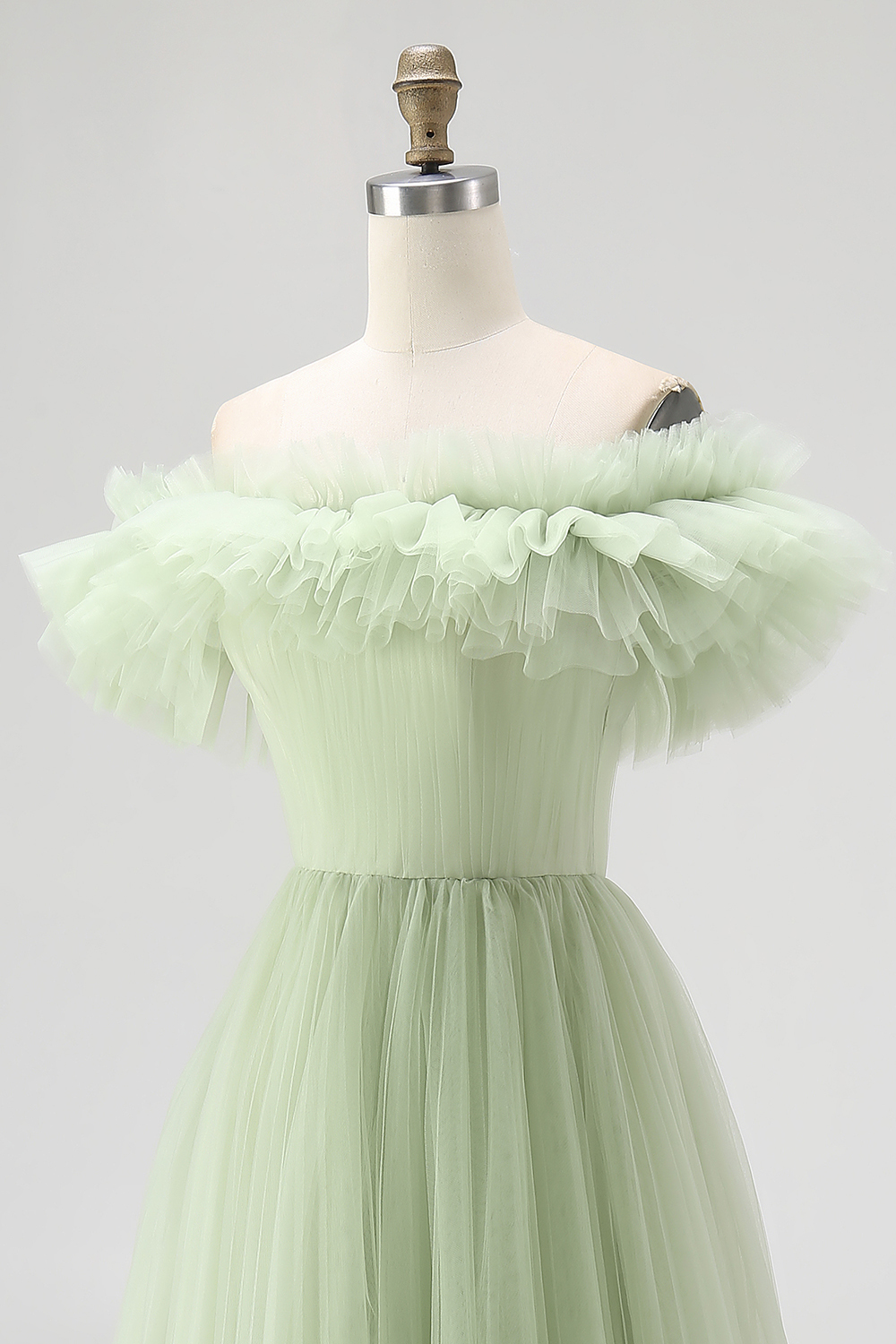 Dusty Sage Tulle Ball Gown Long Formal Dress with Ruffles