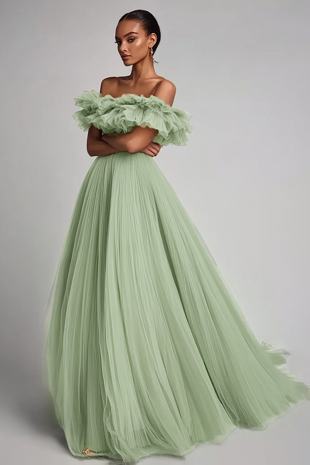 Leely Women Sage Green A Line Tulle Maxi Formal Dress Off the Shoulder Ruffled Pleated Prom Dress