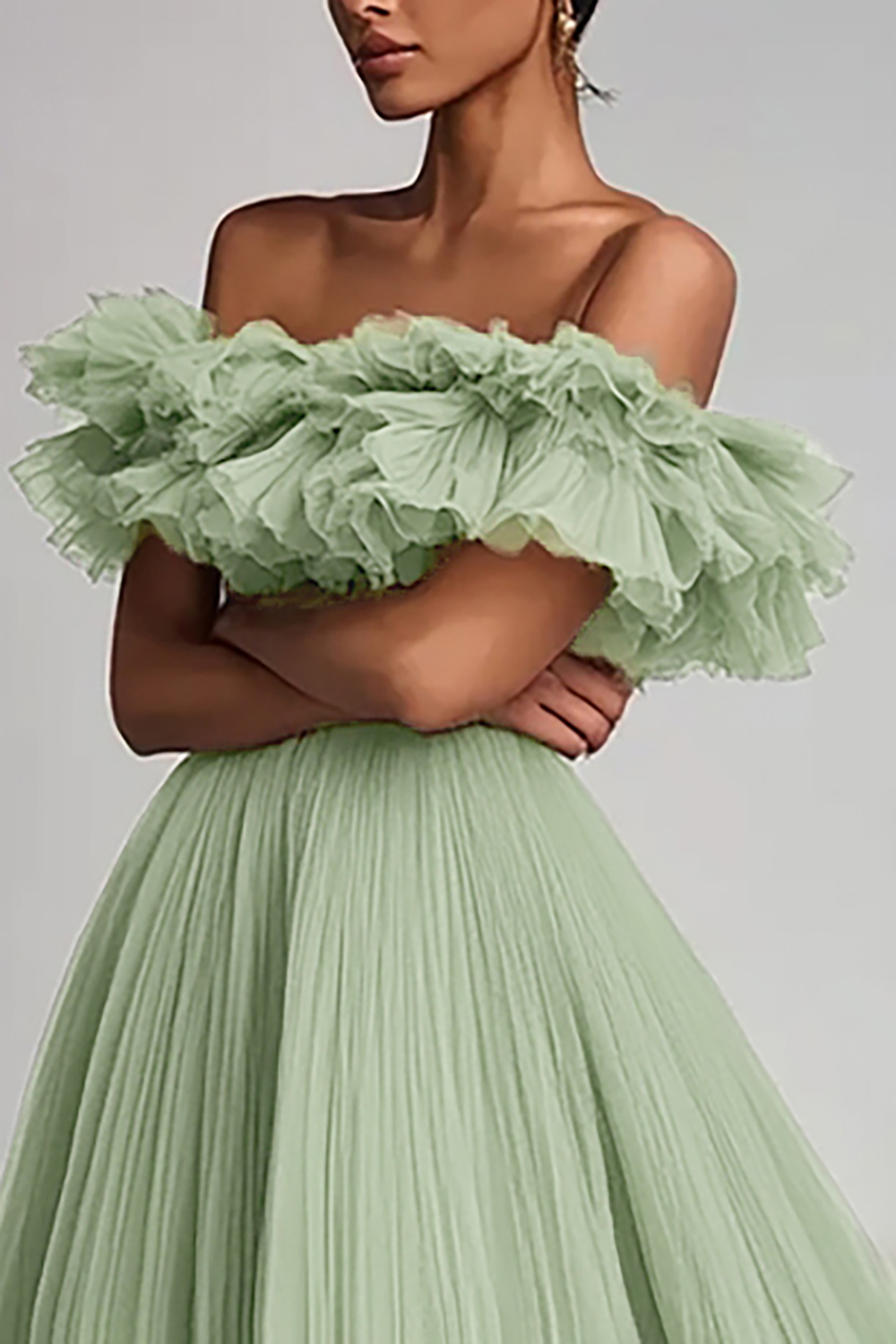 Dusty Sage Pleated Tulle A Line Long Formal Dress with Ruffles
