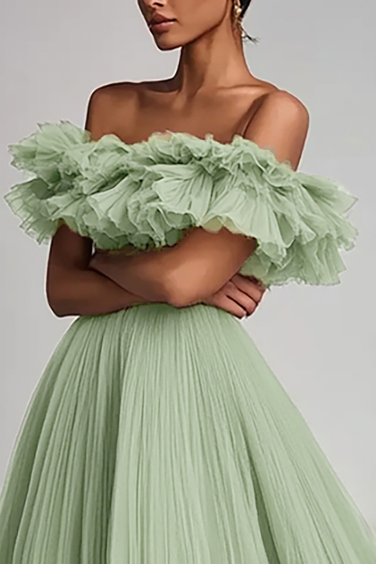 Dusty Sage Pleated Tulle A Line Long Formal Dress with Ruffles