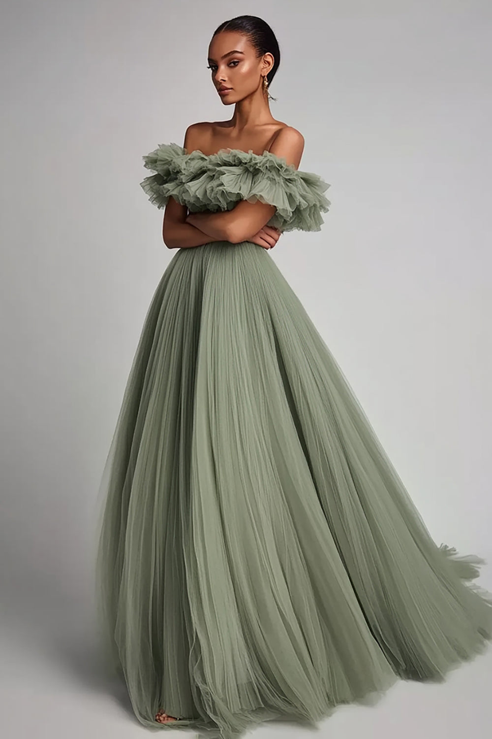 Dusty Sage Pleated Tulle A Line Long Formal Dress with Ruffles