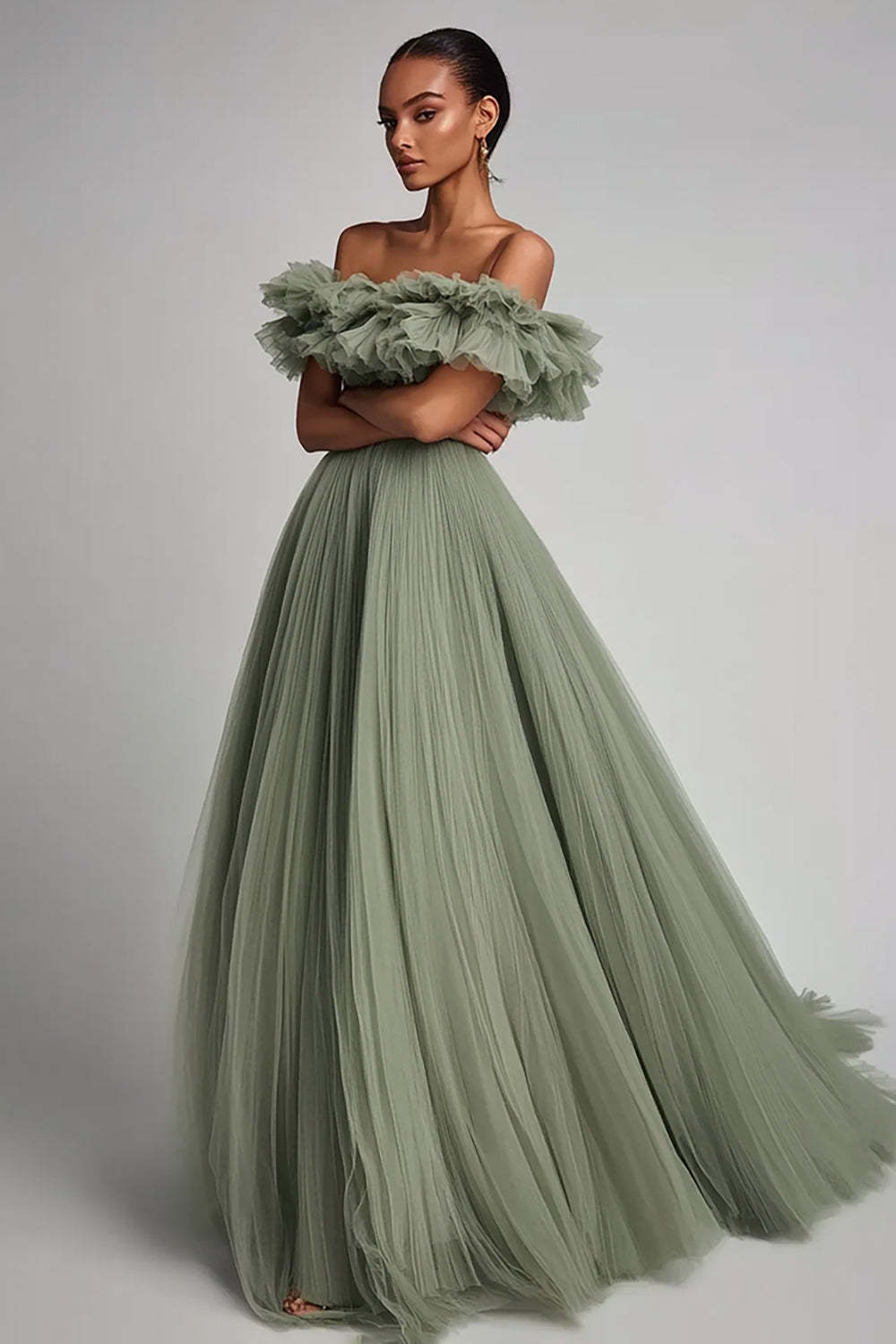 Leely Women Dusty Sage A Line Tulle Maxi Formal Dress Off the Shoulder Ruffled Pleated Prom Dress