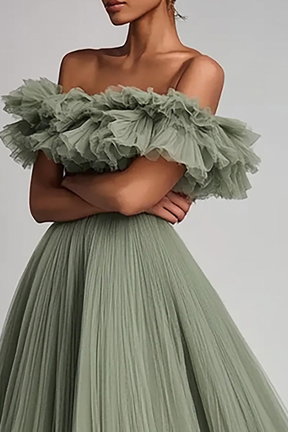 Dusty Sage Pleated Tulle A Line Long Formal Dress with Ruffles