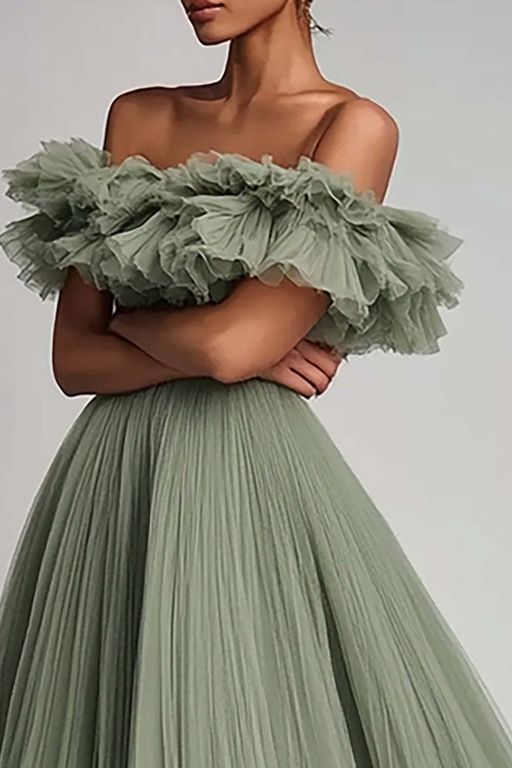 Dusty Sage Pleated Tulle A Line Long Formal Dress with Ruffles
