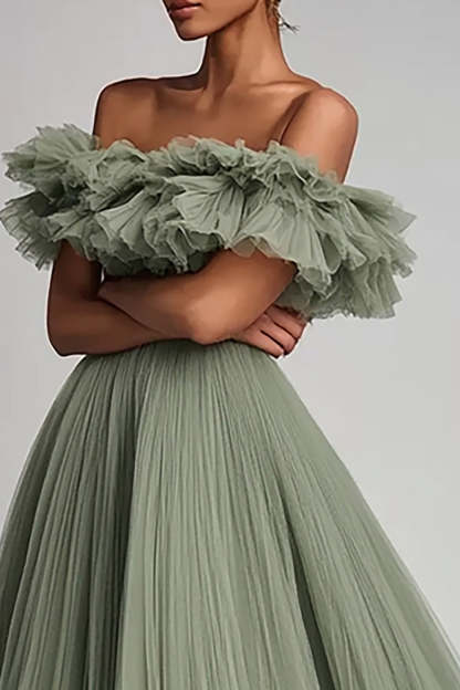 Dusty Sage Pleated Tulle A Line Long Formal Dress with Ruffles