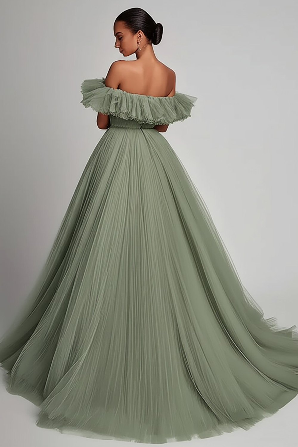 Dusty Sage Pleated Tulle A Line Long Formal Dress with Ruffles