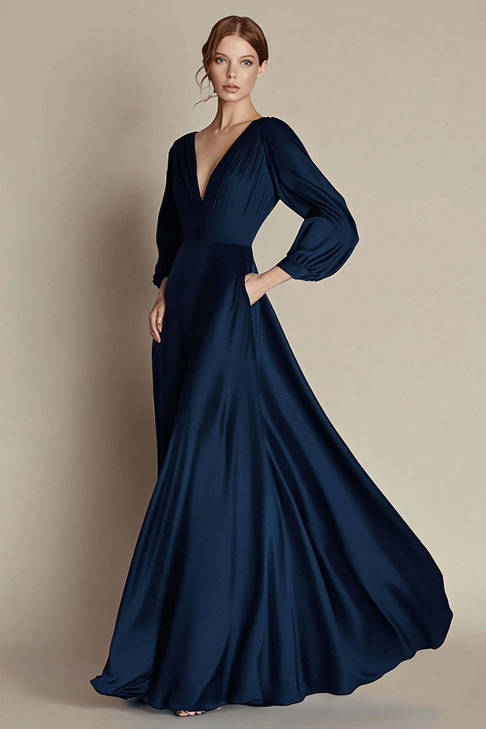 Leely Women Navy A Line Satin Maxi Formal Dress with Long Sleeves V-Neck Wedding Guest Dress