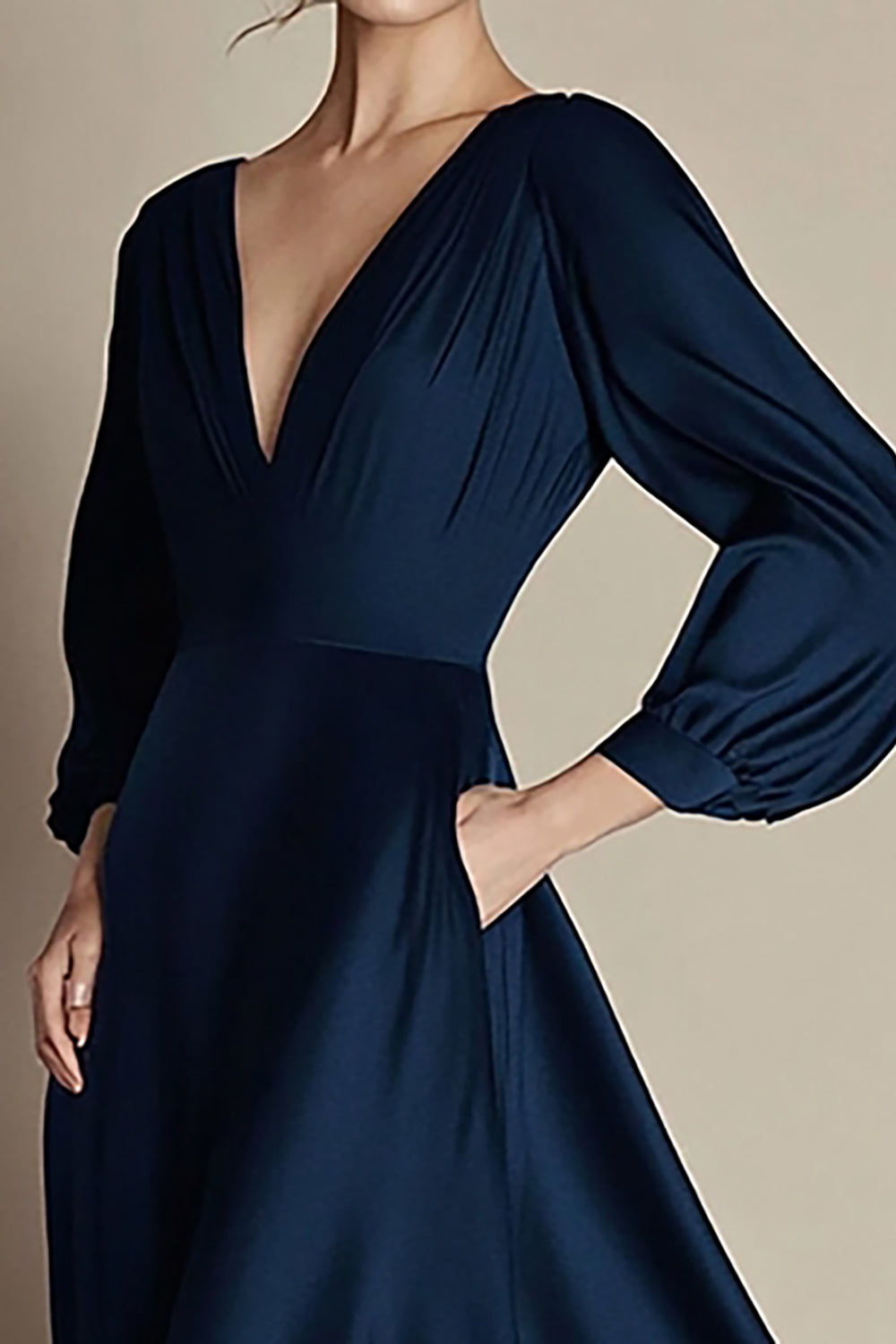 Navy V-Neck A Line Satin Maxi Formal Dress with Long Sleeves