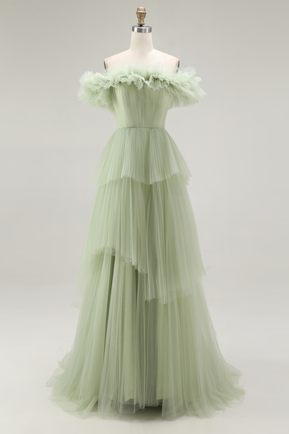 Dusty Sage Tulle Ball Gown Tiered Long Formal Dress with Ruffles