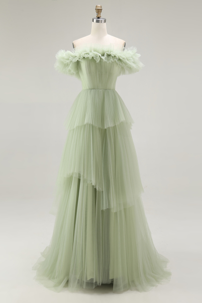 Dusty Sage Tulle Ball Gown Tiered Long Formal Dress with Ruffles
