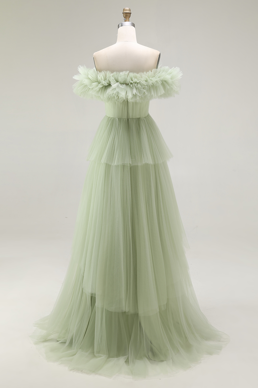 Dusty Sage Tulle Ball Gown Tiered Long Formal Dress with Ruffles