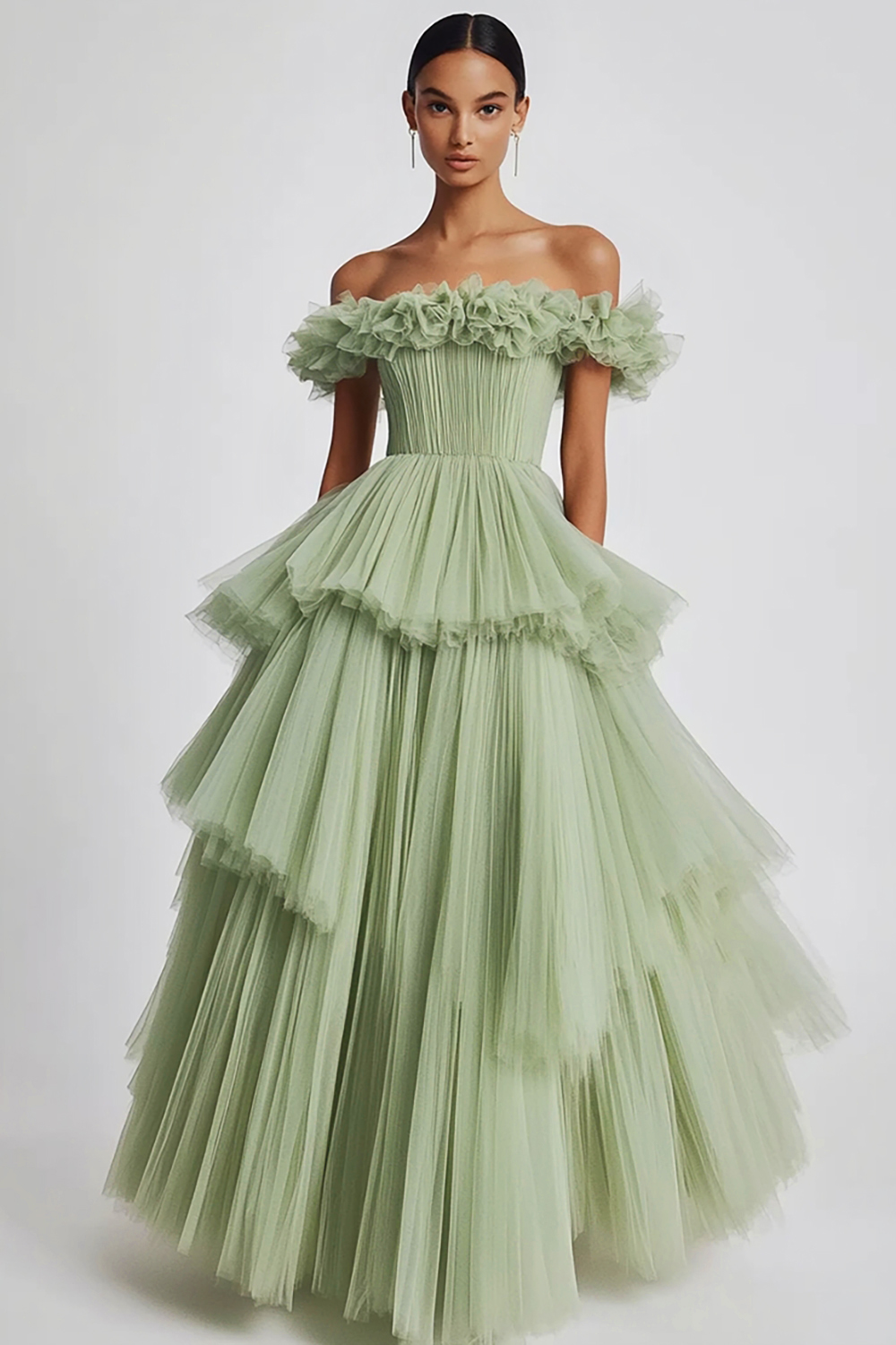 Dusty Sage Tulle Ball Gown Tiered Long Formal Dress with Ruffles