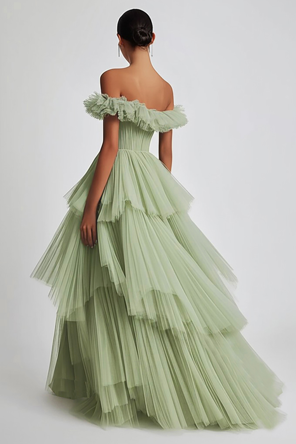 Dusty Sage Tulle Ball Gown Tiered Long Formal Dress with Ruffles