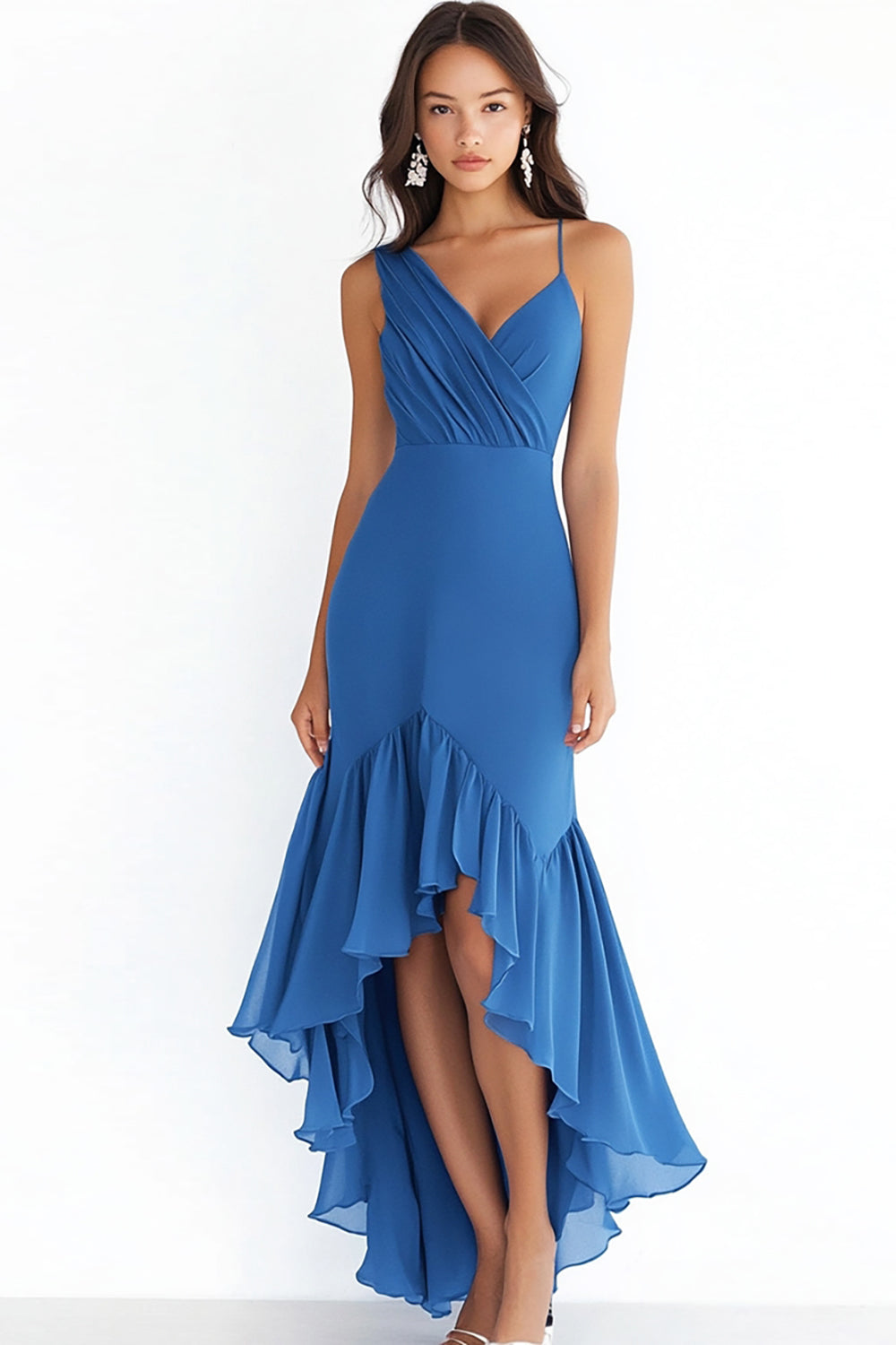 Leely Women Stylish Blue Sheath Chiffon Formal Dress High Low Asymmetrical Ruched V-Neck Wedding Guest Dress