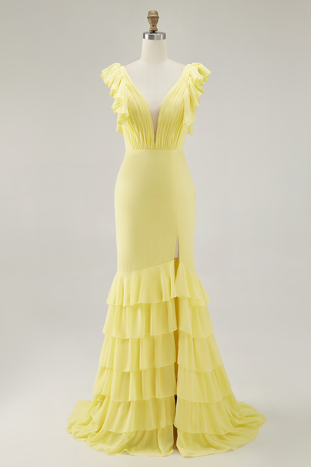 Yellow Chiffon V Neck Mermaid Ruffled Maxi Formal Dress with Slit