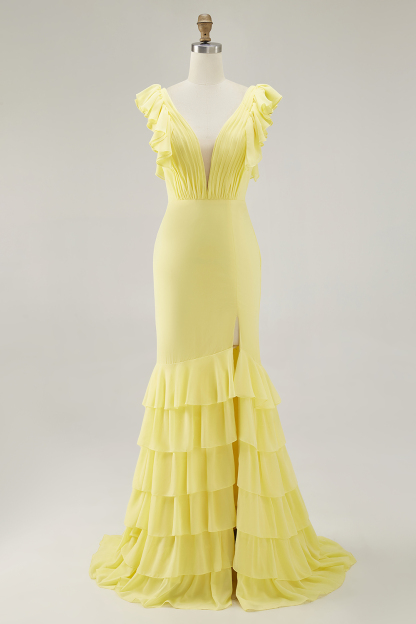 Yellow Chiffon V Neck Mermaid Ruffled Maxi Formal Dress with Slit
