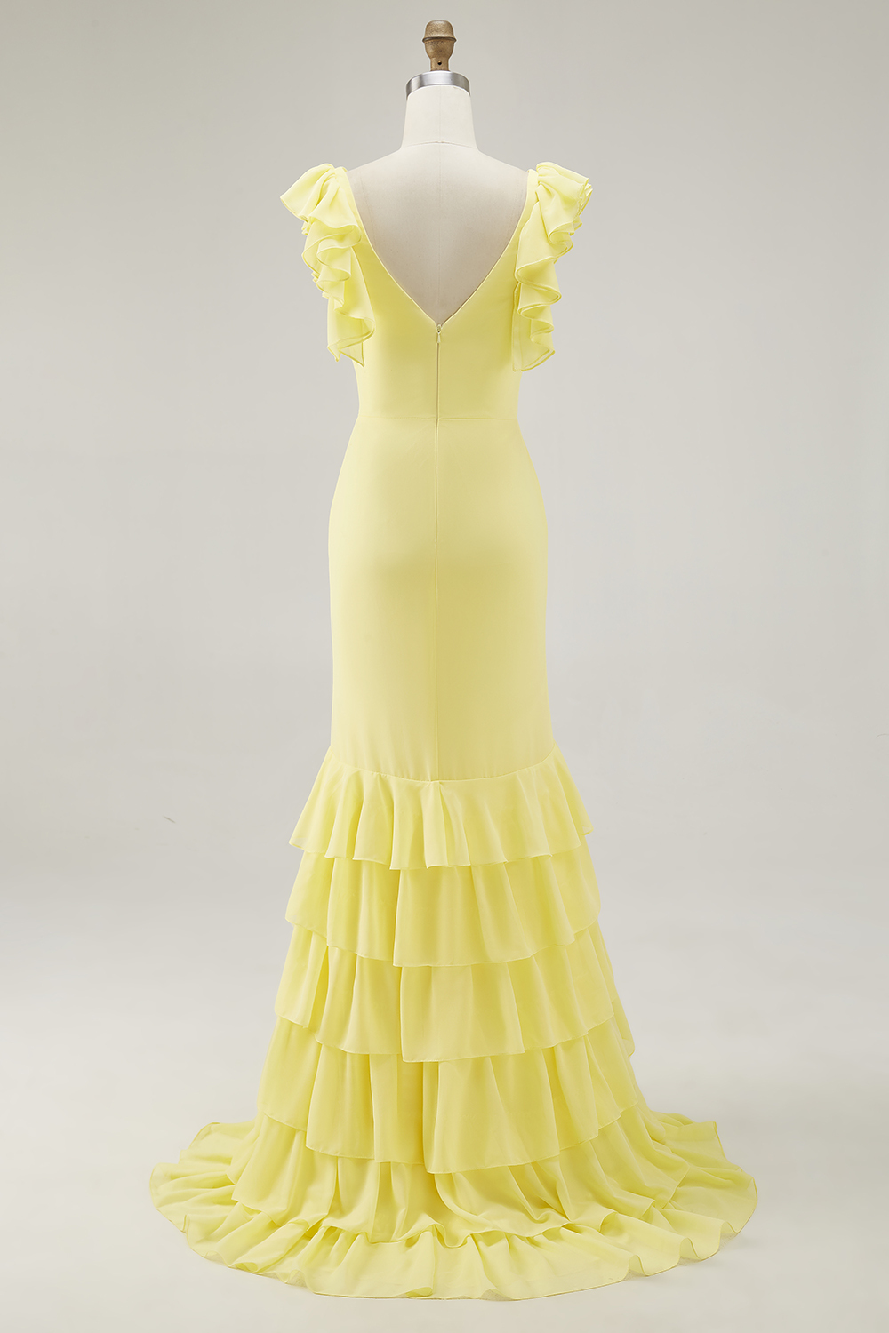 Yellow Chiffon V Neck Mermaid Ruffled Maxi Formal Dress with Slit
