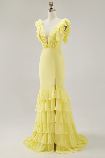 Mermaid Yellow Maxi V Neck Ruffled Formal Dress with Slit